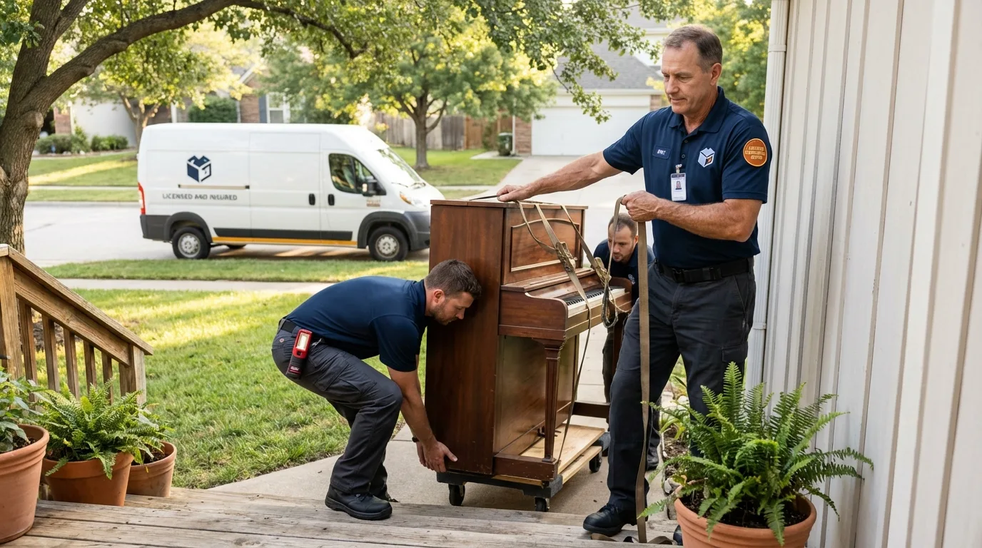 Licensed piano movers securing grand piano in Red Lodge, MT