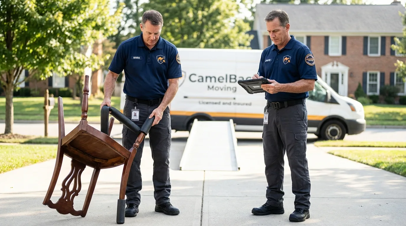 Movers inspecting furniture for damage prevention before loading in Red Lodge, MT