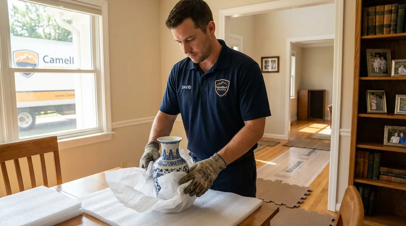 Professional crew carefully wrapping antique vase for senior downsizing move in Red Lodge, MT
